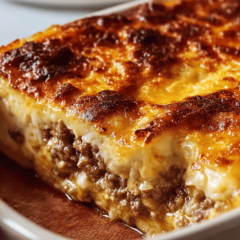 Beef lasagna with melted cheese and savory meat sauce on top.