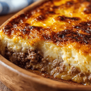 Ground beef shepherd's pie with mashed potato topping in a wooden baking dish.