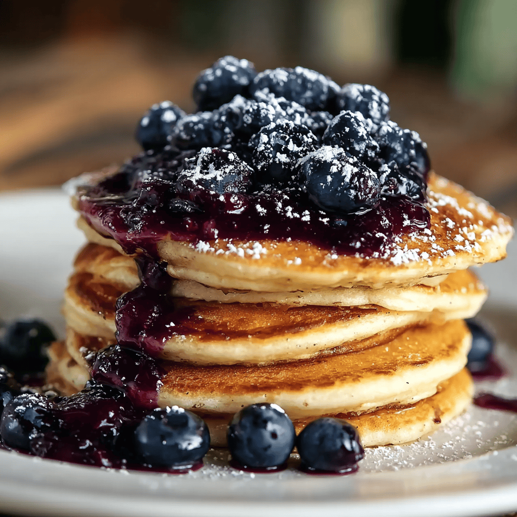 Fluffy blueberry pancakes with berry compote and powdered sugar on white plate.