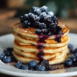 Fresh blueberry pancakes topped with blueberry compote and powdered sugar, served on a white plate for a delightful breakfast or brunch.