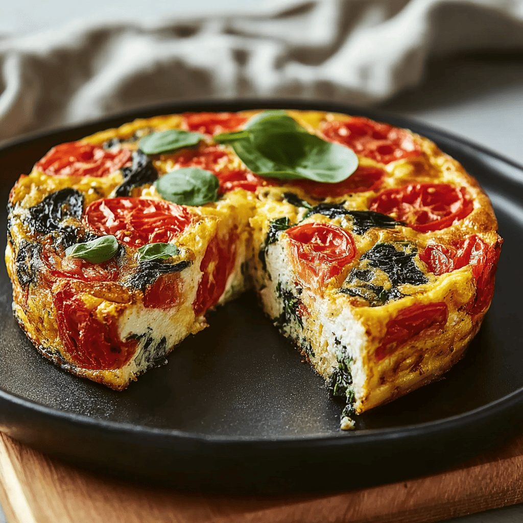 Golden baked vegetable and cheese frittata with cherry tomatoes and fresh basil. Perfect for breakfast or brunch.