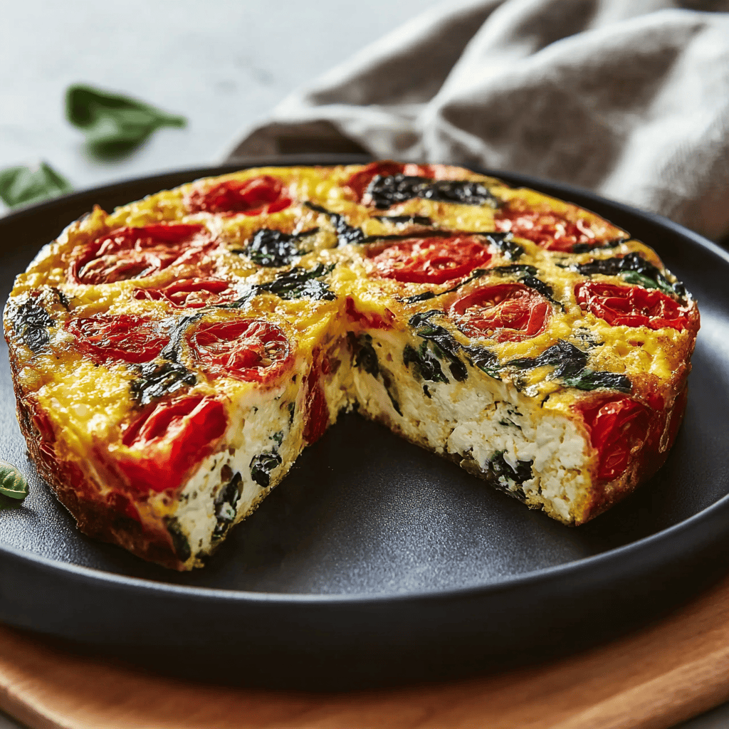 Baked tomato and cheese frittata with fresh herbs on a black plate, cut slice showing soft, cheesy interior.