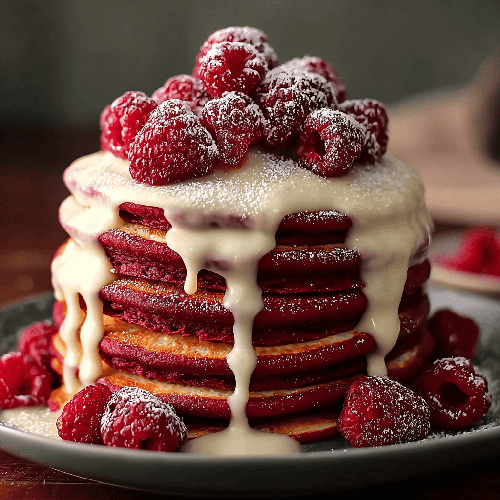 Fluffy raspberry pancakes with white chocolate glaze and fresh berries.