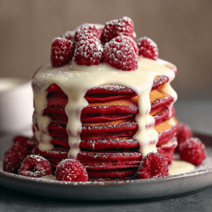 Stack of red velvet pancakes topped with fresh raspberries and drizzled with creamy white chocolate sauce. Perfect for breakfast or dessert.