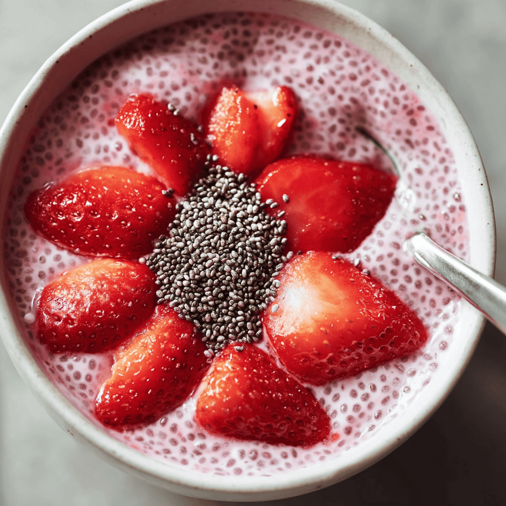Fresh strawberry dessert with chia seeds in a white bowl, healthy and easy to make.