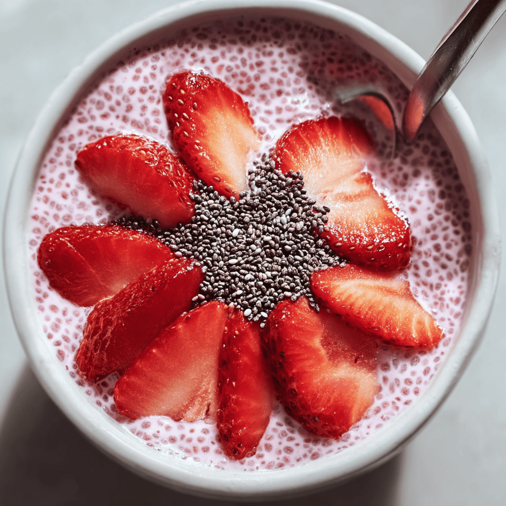 Fresh strawberry chia pudding with chia seeds and sliced strawberries on top.