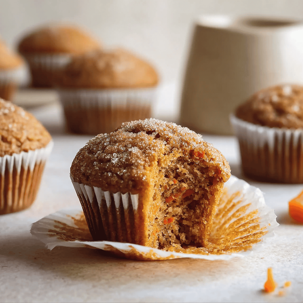 Moist carrot muffin with cinnamon and sugar topping on parchment paper. Freshly baked, delicious breakfast or snack treat.