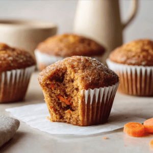 Golden carrot muffin with moist texture and grated carrots inside. Perfect for healthy breakfast or dessert.