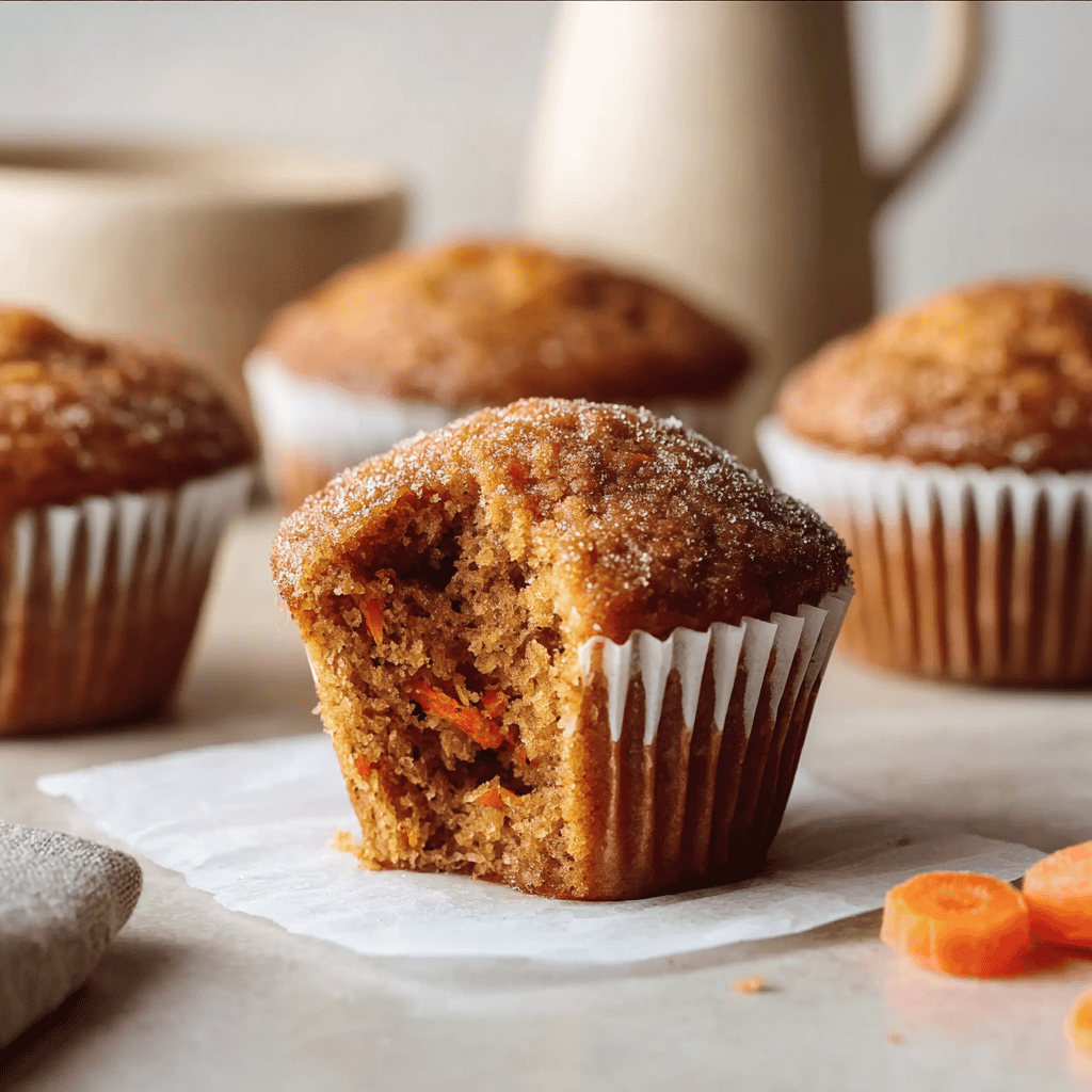 Golden carrot muffin with moist texture and grated carrots inside. Perfect for healthy breakfast or dessert.