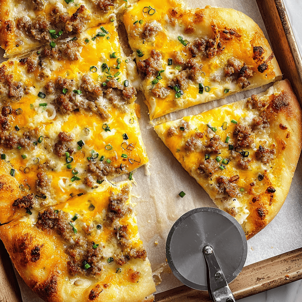 Crispy sausage and cheese pizza slice on baking tray with pizza cutter.