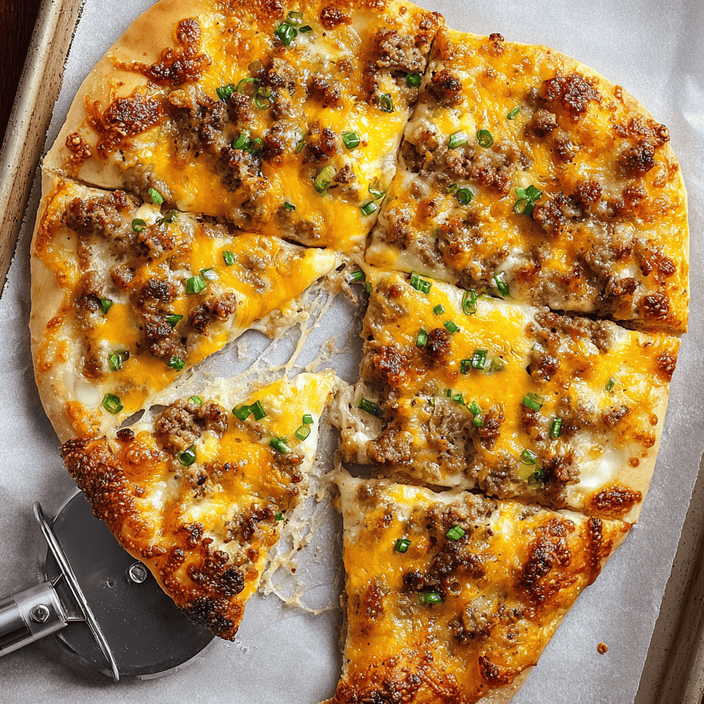 Savory sausage and cheese pizza with green onions on crispy crust.