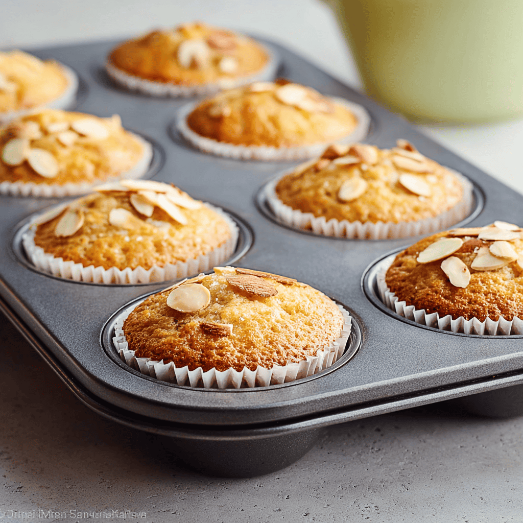 Golden almond muffins in a baking tray with sliced almonds on top.