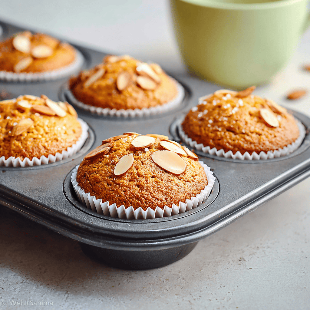 Butter muffins with sliced almonds in a muffin tin.