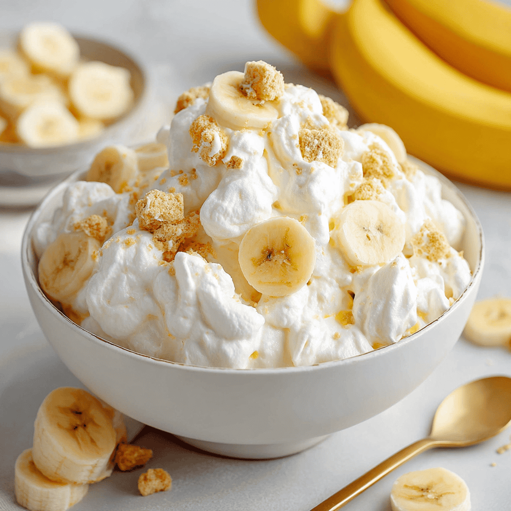 Creamy banana pudding with crunchy cookie topping and fresh banana slices. Perfect for a delicious summer dessert.