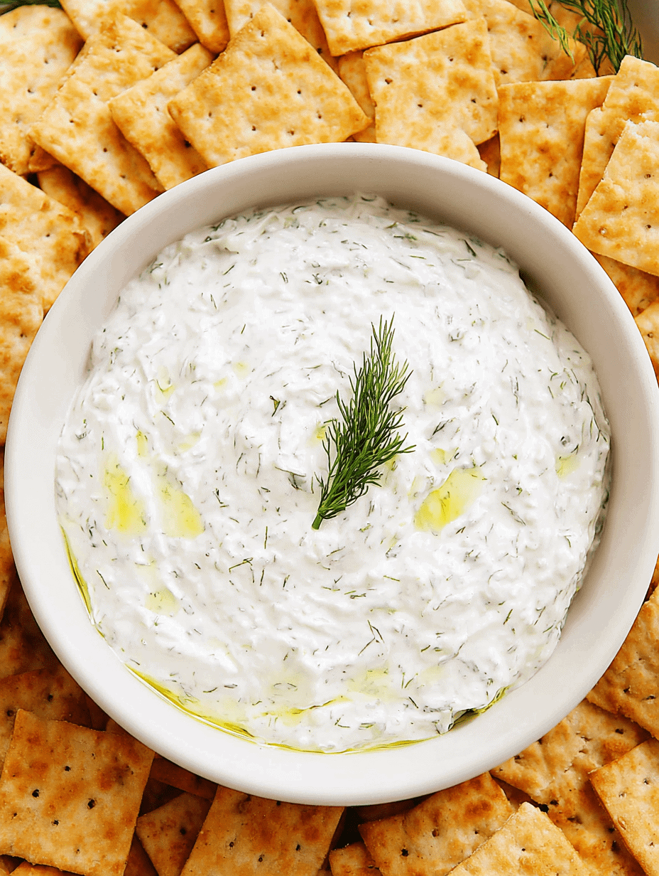 Creamy dill yogurt dip garnished with fresh dill, served with crispy crackers for snack or appetizer.