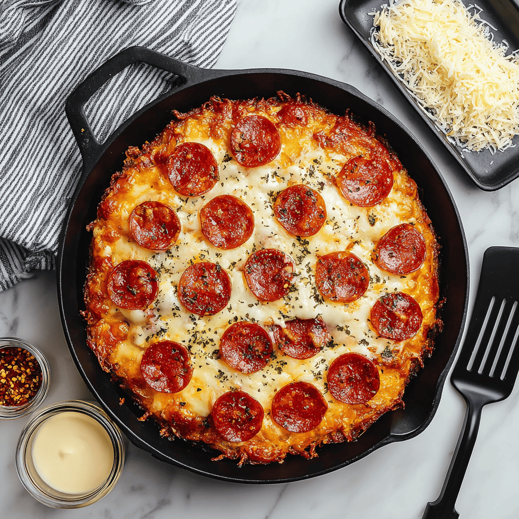 Pepperoni pizza in a cast iron skillet with cheesy toppings and herbs.