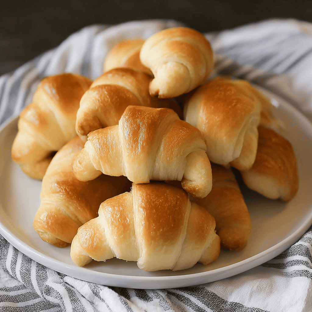 Golden baked croissants on a white plate, perfect for breakfast or snacks. Fresh, flaky, and buttery homemade croissants.