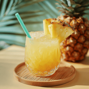 Refreshing pineapple cocktail with tropical background.