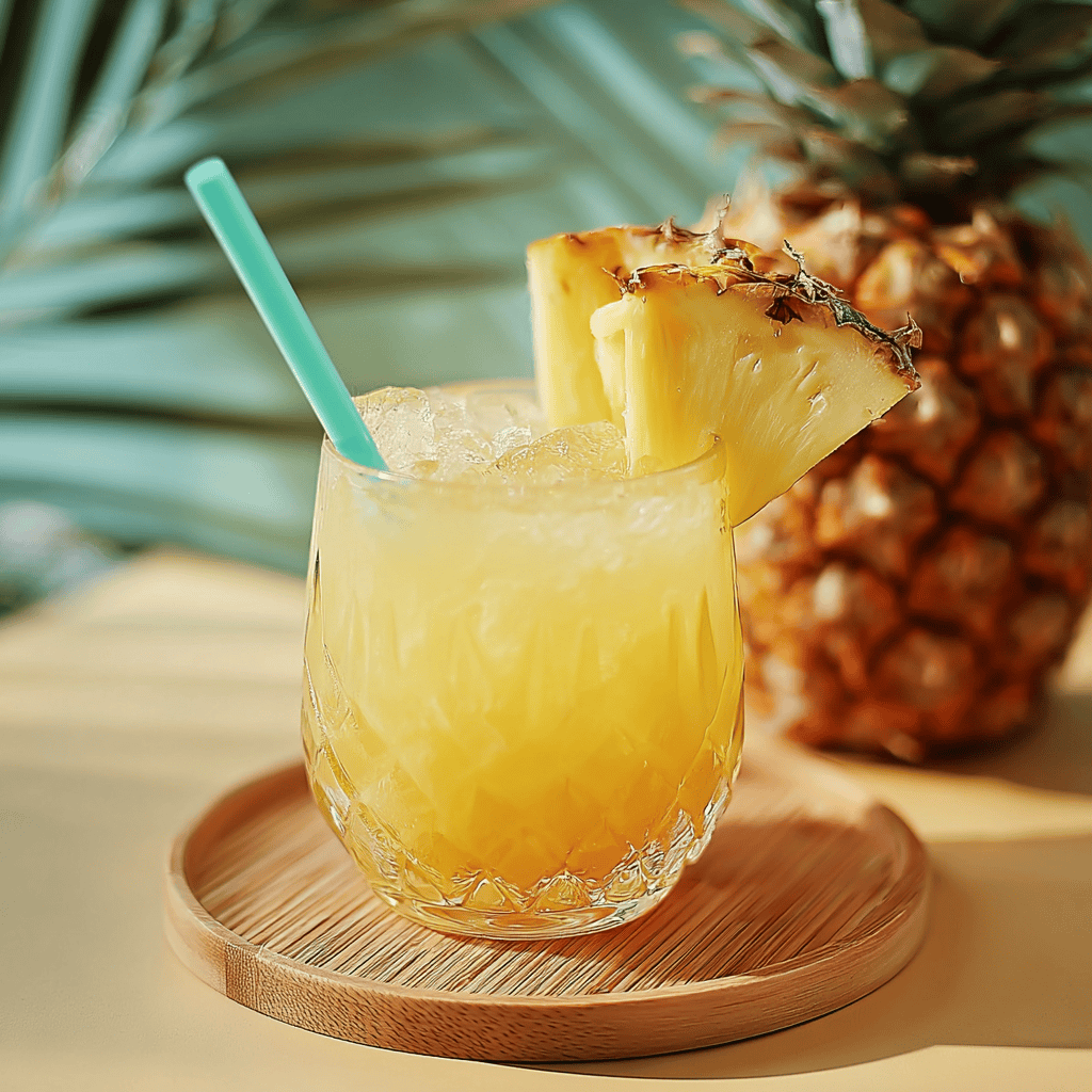 Refreshing pineapple cocktail with tropical background.