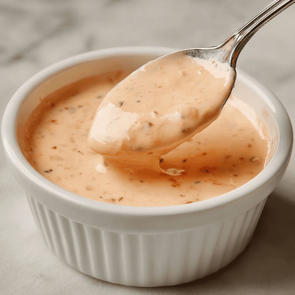 Creamy peppercorn sauce in a white ramekin, served warm and thick with black pepper specks.
