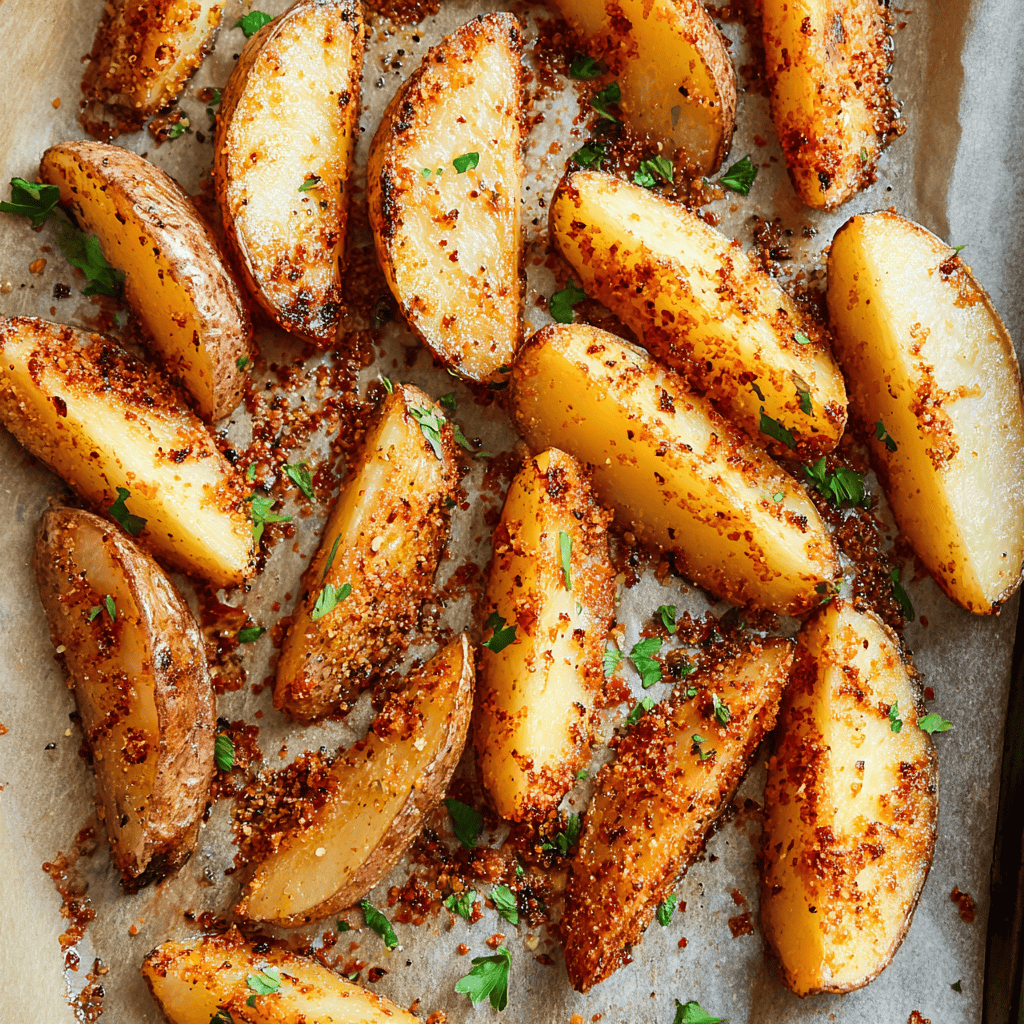 Crispy baked potato wedges with herbs and spices, served on parchment paper.