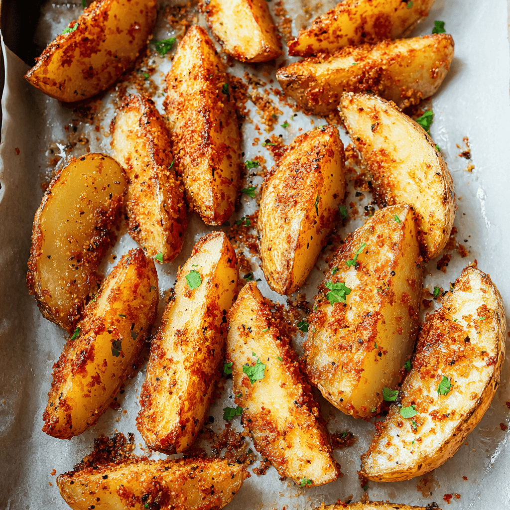 Golden baked seasoned potato wedges on baking sheet.