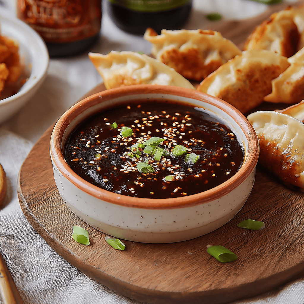 Soy sauce dipping sauce with sesame seeds and green onions, served alongside Asian dumplings on a wooden board.