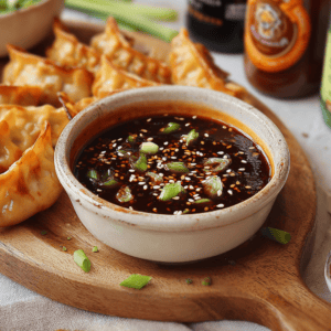 Soy sauce dipping sauce with sesame seeds and green onions for Asian dumplings on a wooden tray.