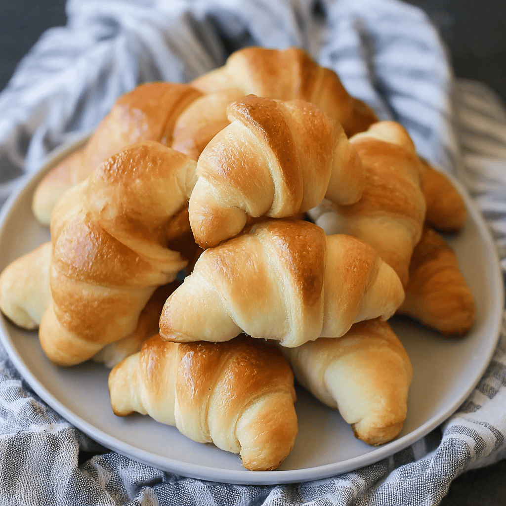 Freshly baked croissants on a white plate.