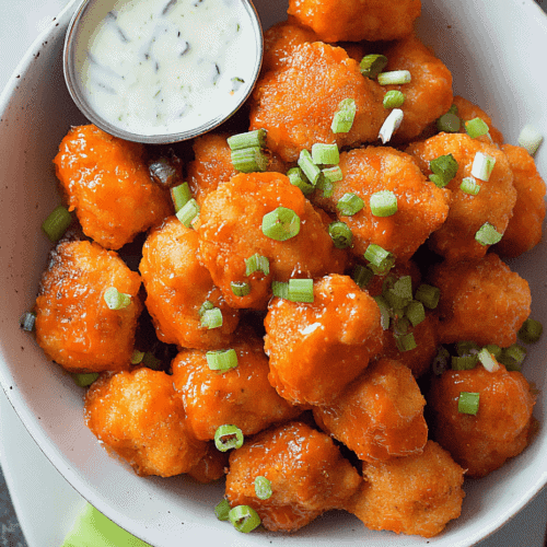 Crispy buffalo cauliflower bites with green onions and ranch dipping sauce on white plate.