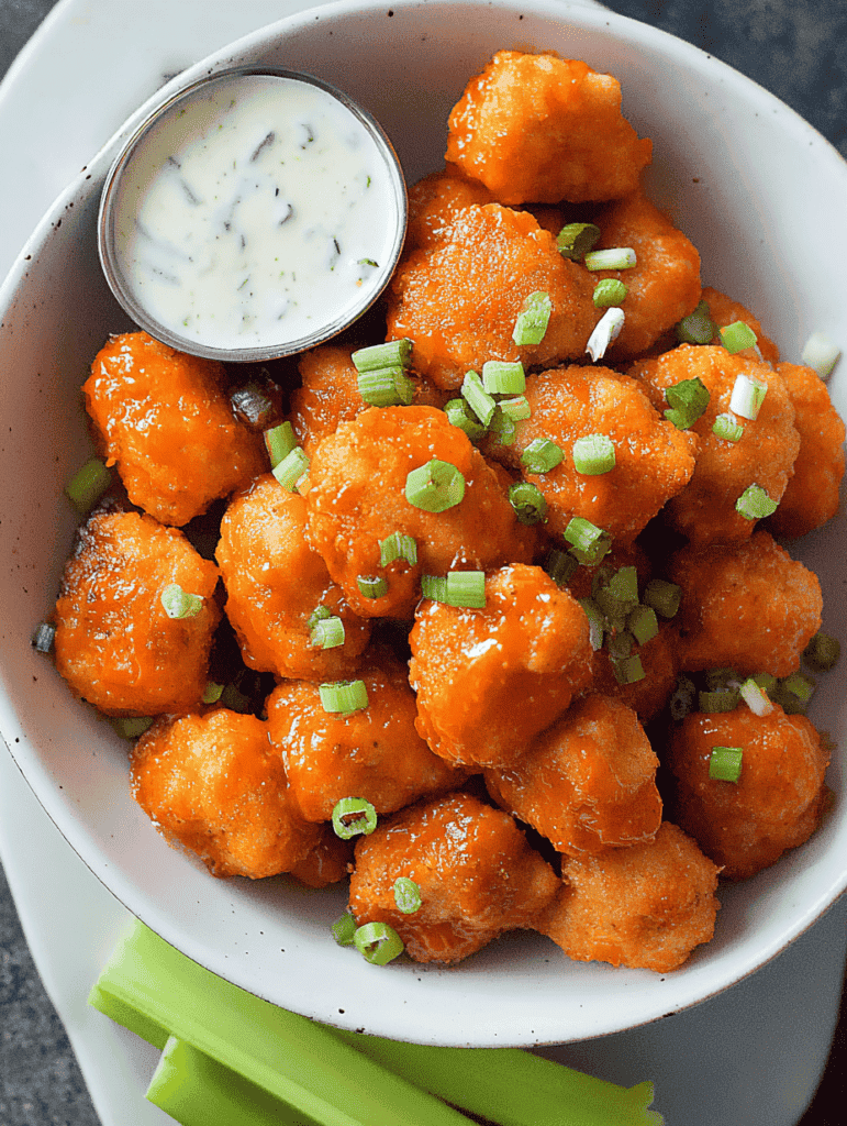 Crispy buffalo cauliflower bites with green onions and ranch dipping sauce on white plate.