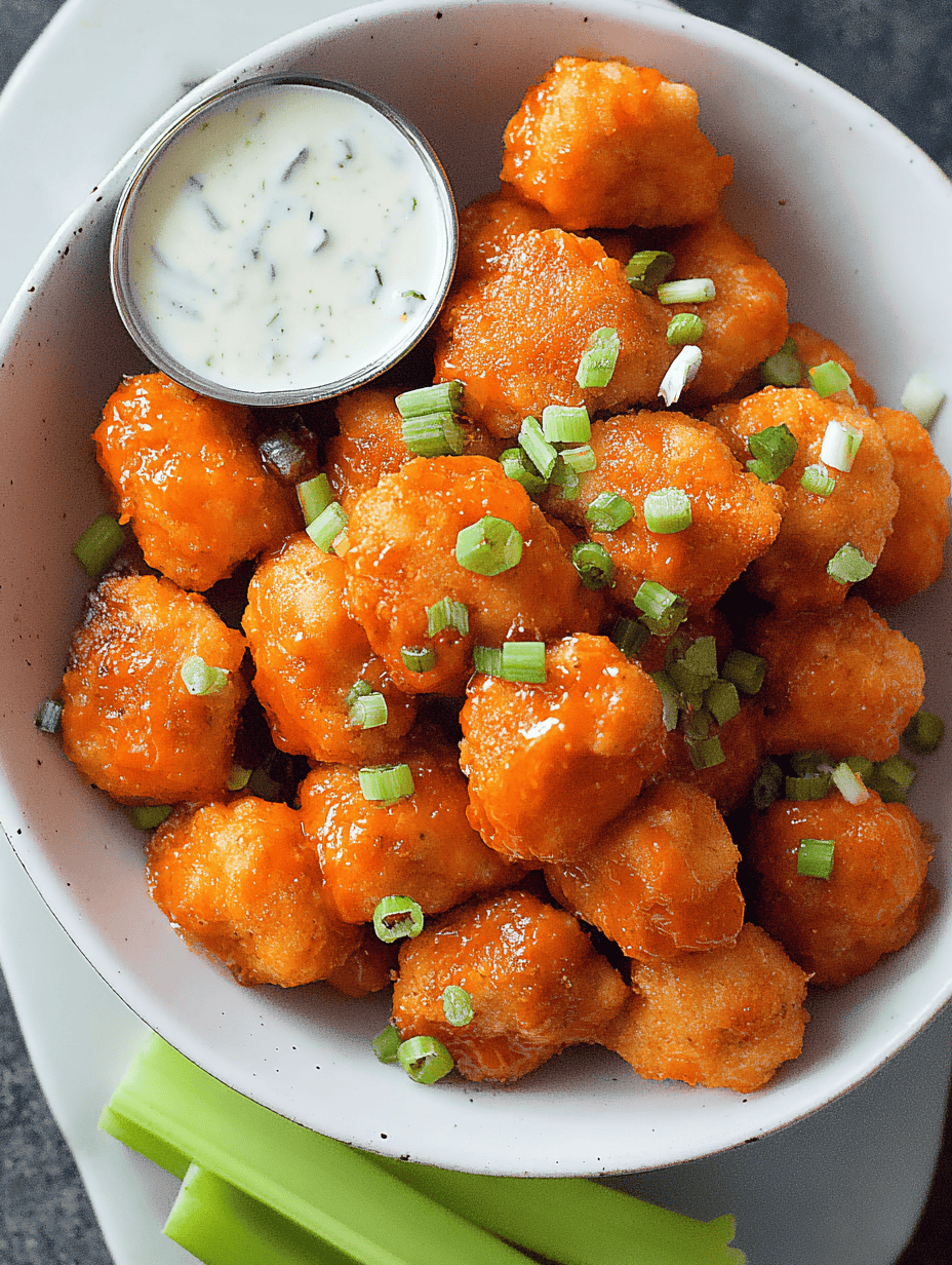 Crispy buffalo cauliflower bites with green onions and ranch dipping sauce on white plate.