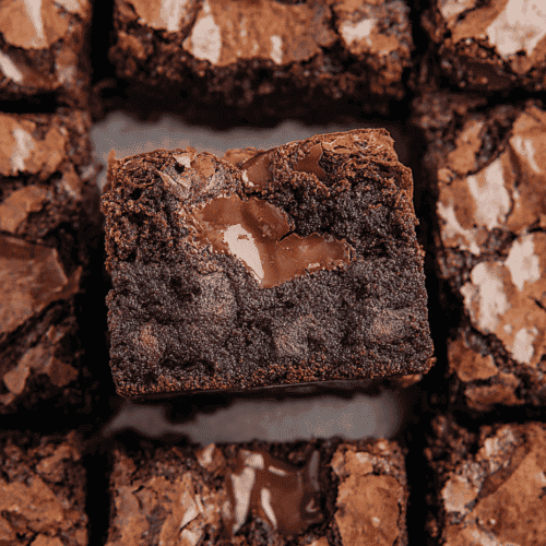 Decadent chocolate brownie squares with gooey center and crackled top, perfect for chocolate lovers.