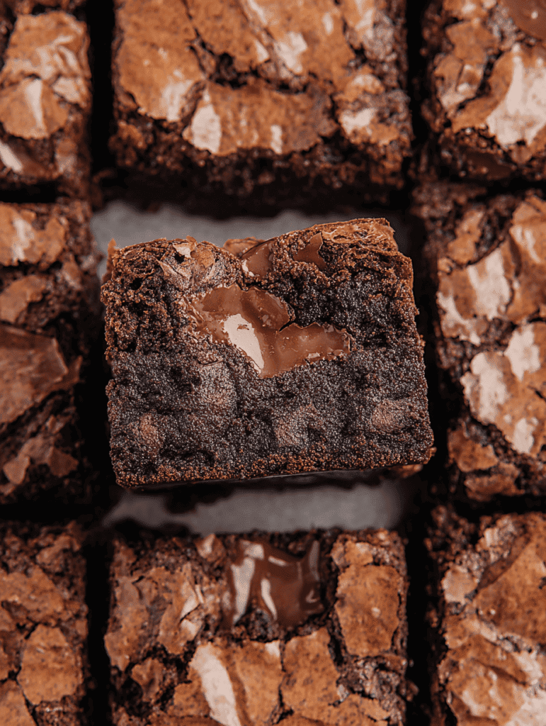 Decadent chocolate brownie squares with gooey center and crackled top, perfect for chocolate lovers.