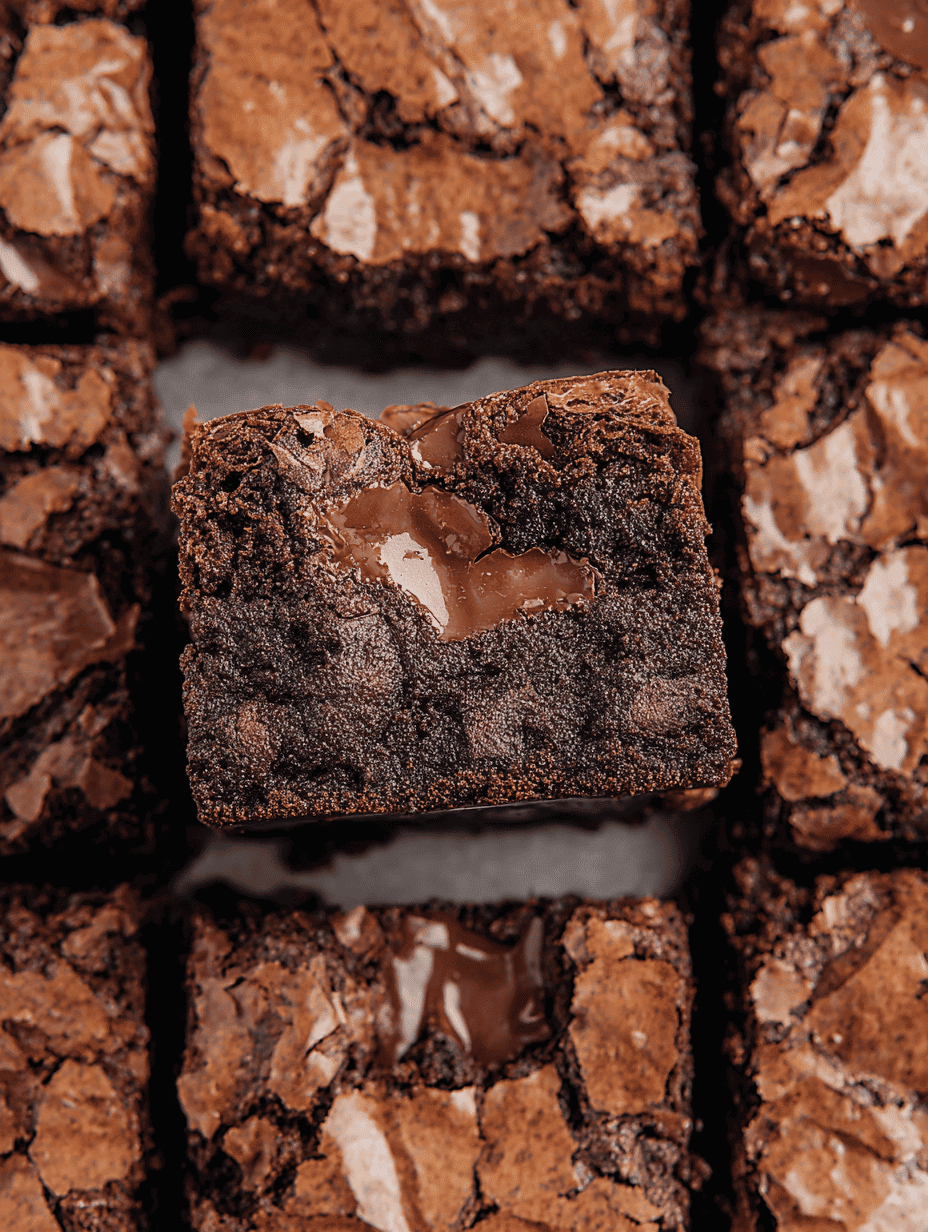 Decadent chocolate brownie squares with gooey center and crackled top, perfect for chocolate lovers.