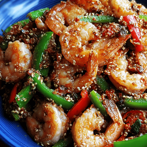 Shrimp with vegetables in a savory sauce on a blue plate.