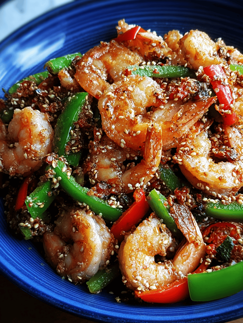 Shrimp with vegetables in a savory sauce on a blue plate.