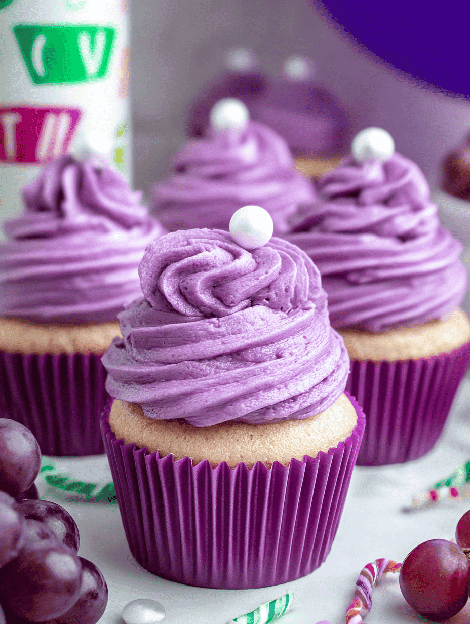 Violet grape cupcakes with purple frosting and white pearl decorations.