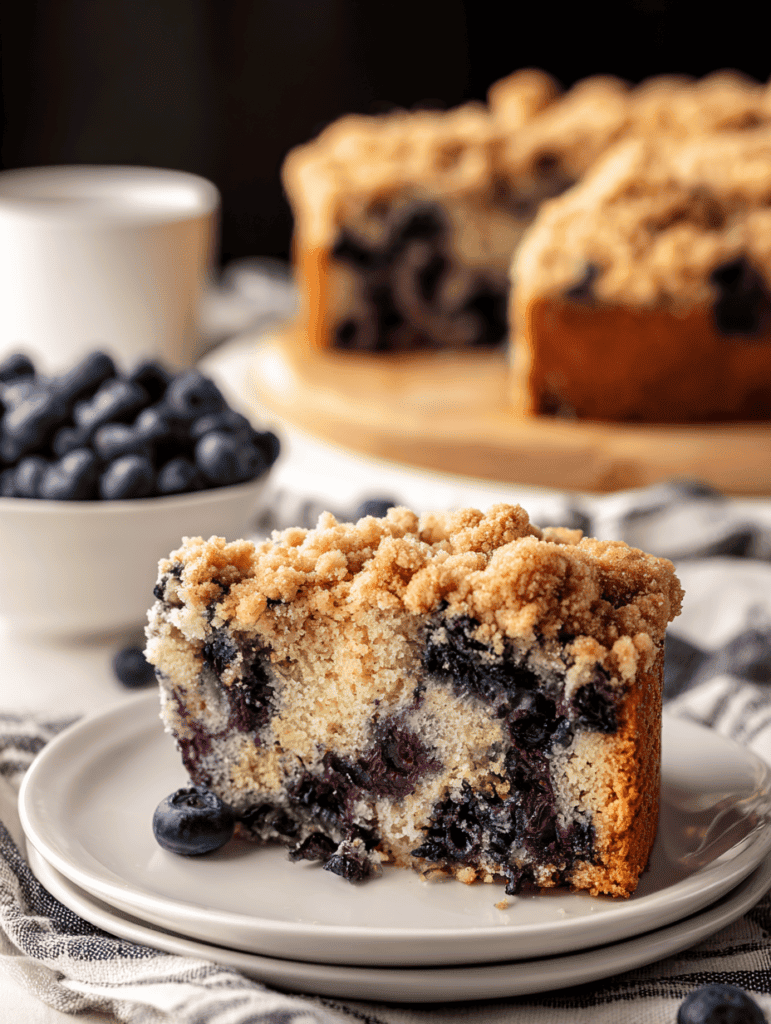 Fresh blueberry crumble cake slice on a white plate with whole blueberries and a whole blueberry crumble cake in the background.