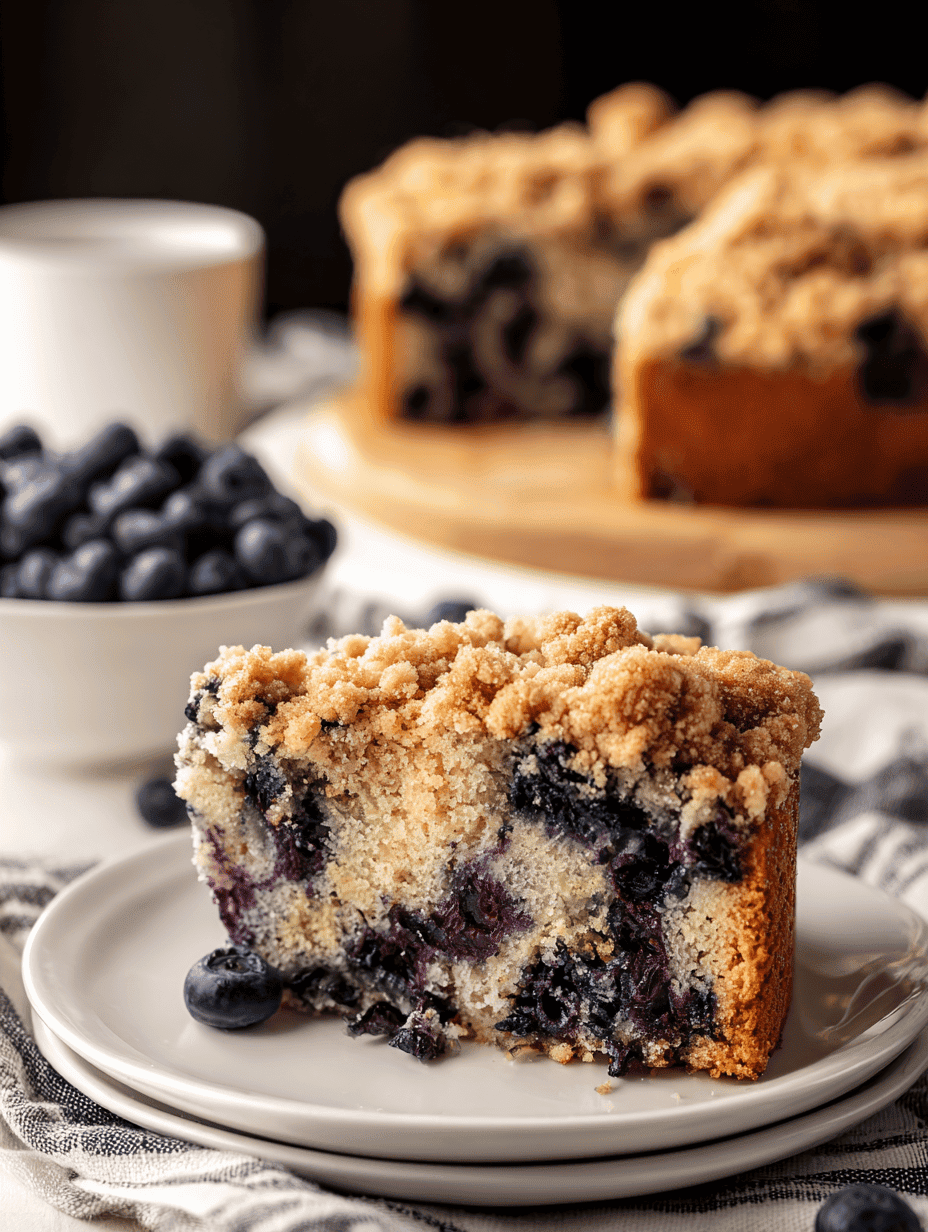 Fresh blueberry crumble cake slice on a white plate with whole blueberries and a whole blueberry crumble cake in the background.