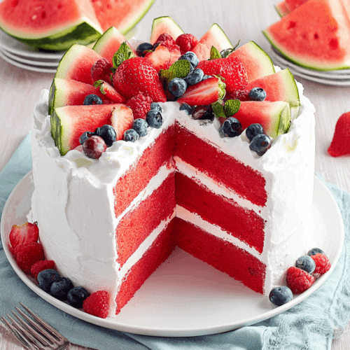 Fresh fruit decorated red velvet cake with berries and watermelon slices, served on a white plate.