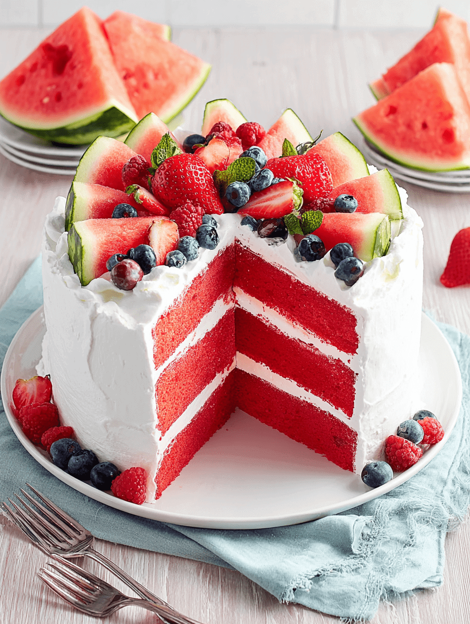 Fresh fruit decorated red velvet cake with berries and watermelon slices, served on a white plate.