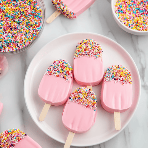 Colorful pink ice cream popsicles with rainbow sprinkles on a white plate.
