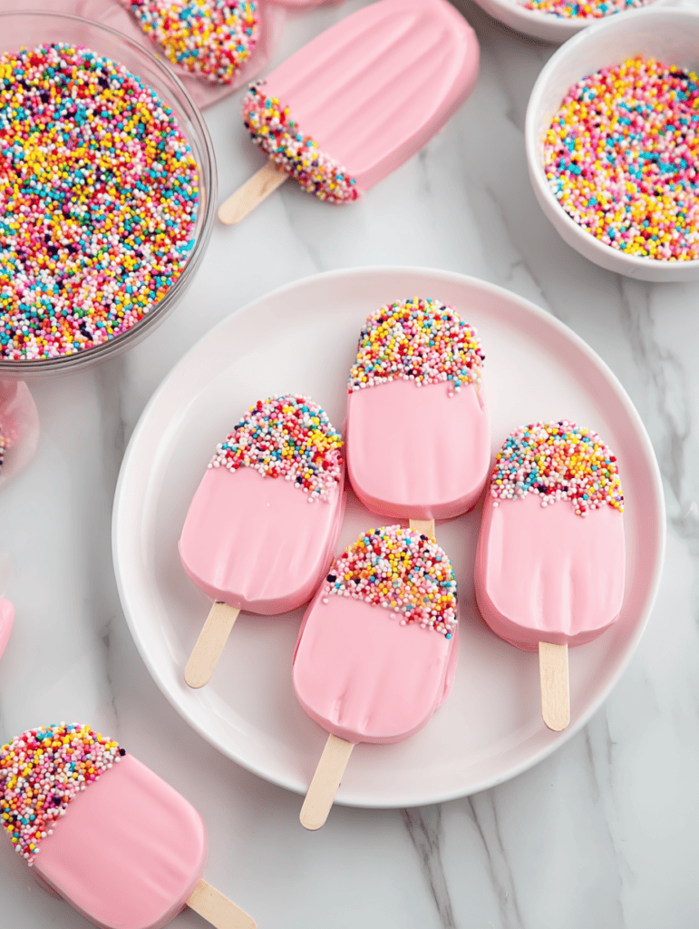 Colorful pink ice cream popsicles with rainbow sprinkles on a white plate.