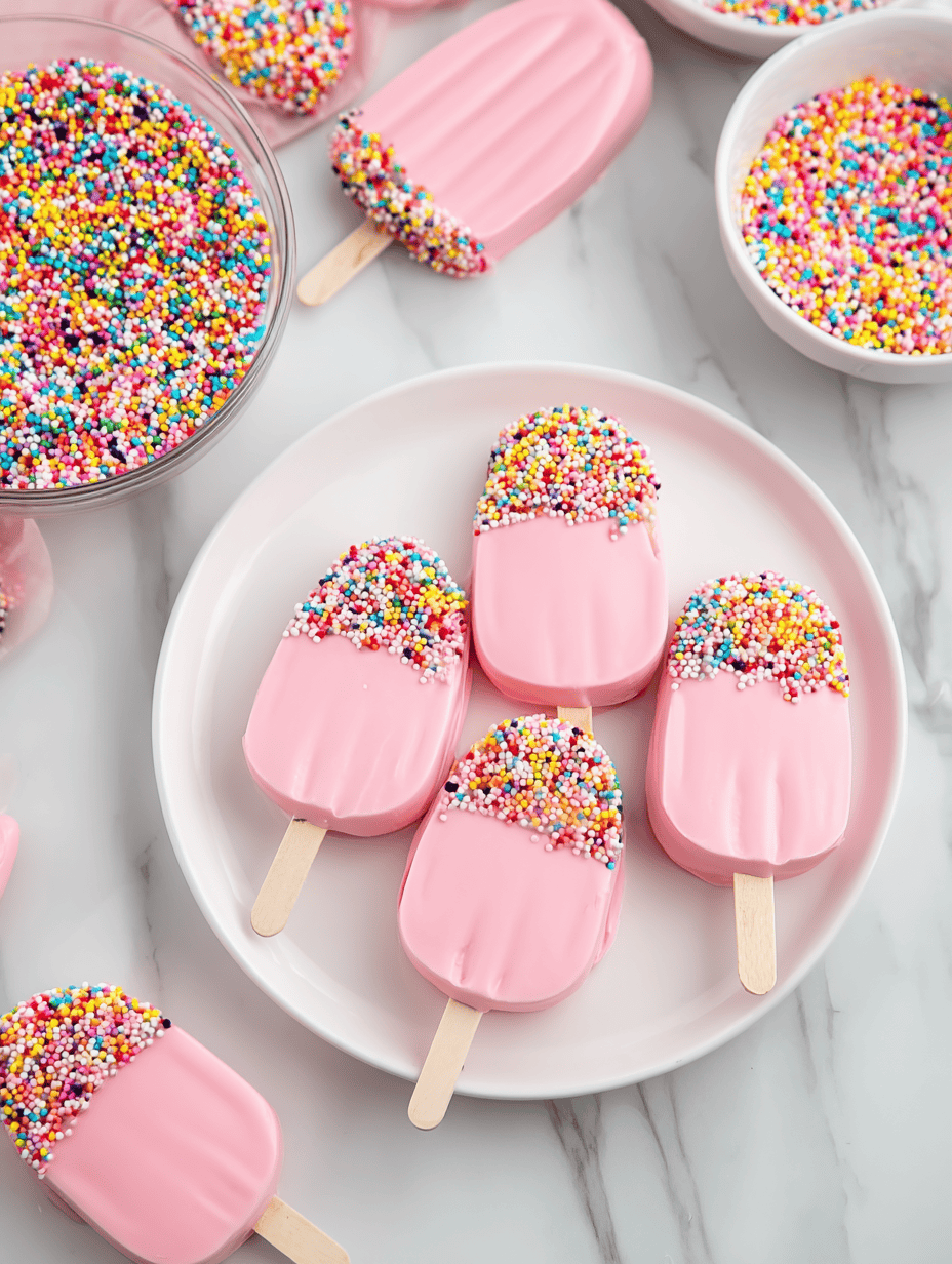 Colorful pink ice cream popsicles with rainbow sprinkles on a white plate.