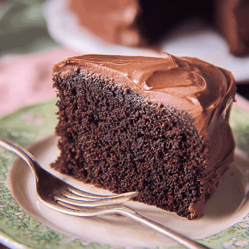 Decadent chocolate cake slice with rich frosting on vintage plate.
