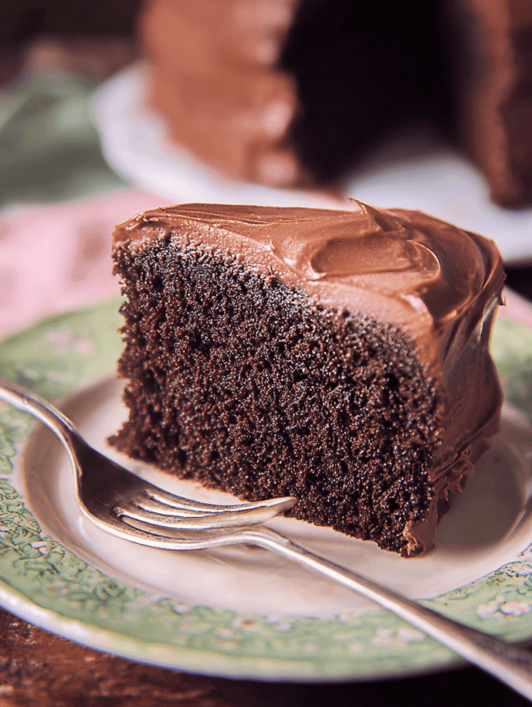 Decadent chocolate cake slice with rich frosting on vintage plate.