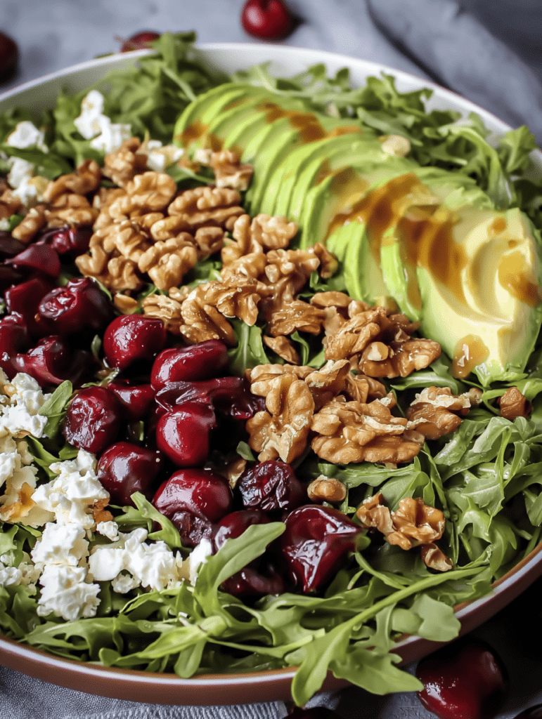 Fresh avocado and cherry salad with walnuts, cranberries, and feta cheese, drizzled with balsamic glaze. Perfect healthy side dish or light meal.