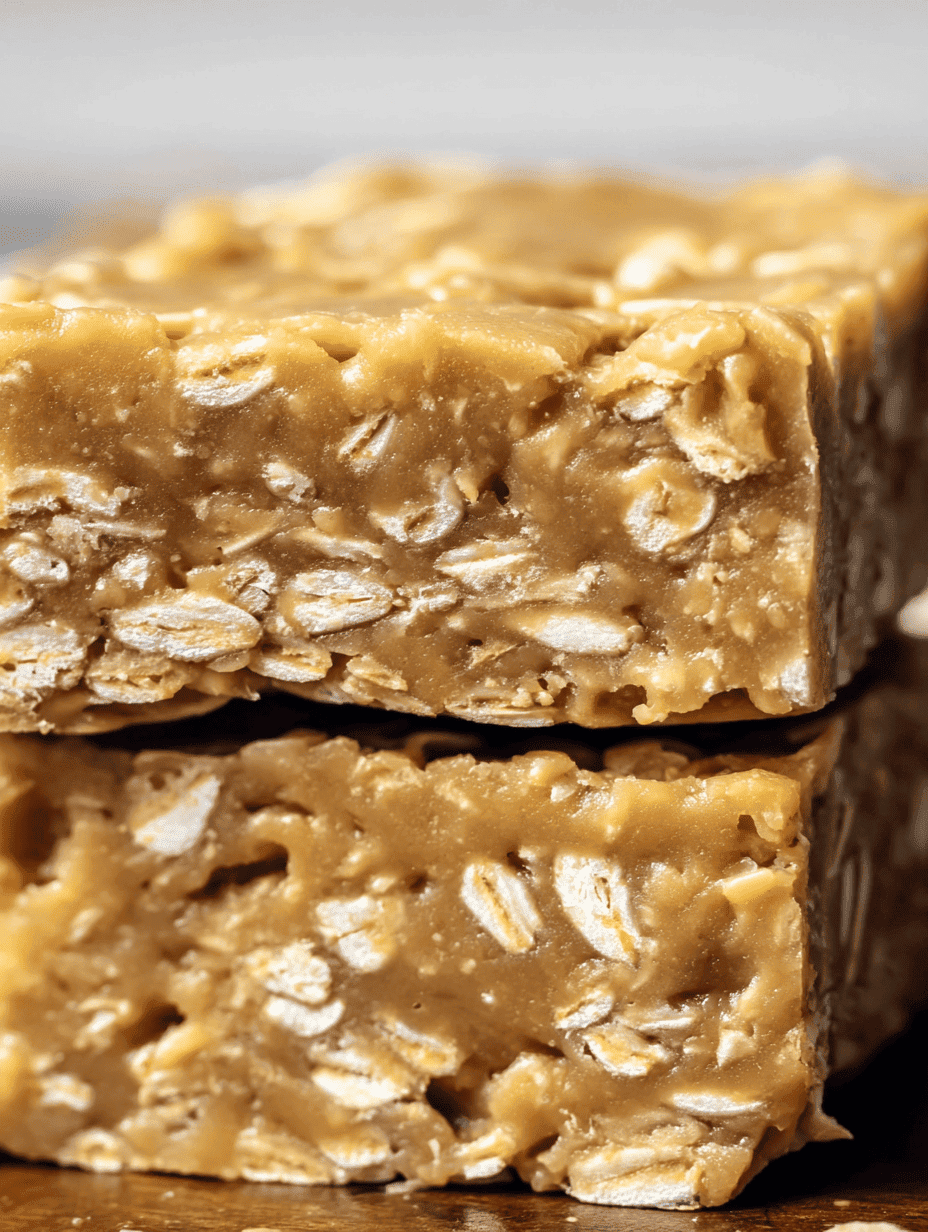 Chewy peanut butter oatmeal bars with visible oats and a golden hue.