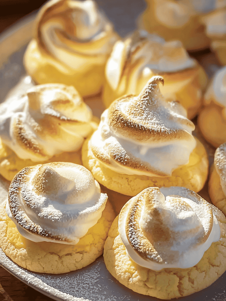 Fluffy lemon meringue cookies with golden toasted peaks, perfect for dessert lovers.